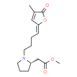 ChemSpider 2D Image | Methyl {(2S)-1-[(4E)-4-(4-methyl-5-oxo-2(5H)-furanylidene)butyl]-2-pyrrolidinyl}acetate | C16H23NO4