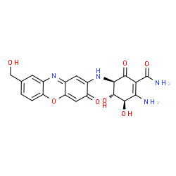 ChemSpider 2D Image | (3R,4R,5R)-2-Amino-3,4-dihydroxy-5-{[8-(hydroxymethyl)-3-oxo-3H-phenoxazin-2-yl]amino}-6-oxo-1-cyclohexene-1-carboxamide | C20H18N4O7