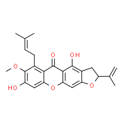ChemSpider 2D Image | 4,8-Dihydroxy-2-isopropenyl-7-methoxy-6-(3-methyl-2-buten-1-yl)-2,3-dihydro-5H-furo[3,2-b]xanthen-5-one | C24H24O6