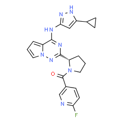 ChemSpider 2D Image | N-(5-cyclopropyl-1H-pyrazol-3-yl)-2-{(2S)-1-[(6-fluoropyridin-3-yl)carbonyl]pyrrolidin-2-yl}pyrrolo[2,1-f][1,2,4]triazin-4-amine | C22H21FN8O