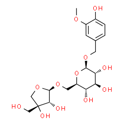 ChemSpider 2D Image | 4-Hydroxy-3-methoxybenzyl 6-O-[(2R,3R,4R)-3,4-dihydroxy-4-(hydroxymethyl)tetrahydro-2-furanyl]-beta-D-glucopyranoside | C19H28O12
