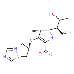 ChemSpider 2D Image | (4R,5S)-3-(6,7-dihydro-5H-pyrazolo[1,2-a][1,2,4]triazol-4-ium-6-ylsulfanyl)-5-[(1S,2R)-1-formyl-2-hydroxypropyl]-4-methyl-4,5-dihydro-1H-pyrrole-2-carboxylate | C15H20N4O4S
