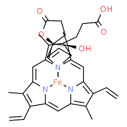 ChemSpider 2D Image | {3-[(2R,5'S)-5'-Hydroxy-5',10',15',19'-tetramethyl-5-oxo-9',14'-divinyl-4,5-dihydro-3H-spiro[furan-2,4'-[21,22,23,24]tetraazapentacyclo[16.2.1.1~3,6~.1~8,11~.1~13,16~]tetracosa[1(20),2,6,8,10,12,14,16
,18]nonaen]-20'-yl-kappa~4~N~21'~,N~22'~,N~23'~,N~24'~]propanoato(4-)}iron | C34H32FeN4O5