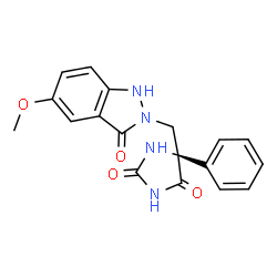 ChemSpider 2D Image | (5R)-5-[(5-Methoxy-3-oxo-1,3-dihydro-2H-indazol-2-yl)methyl]-5-phenyl-2,4-imidazolidinedione | C18H16N4O4