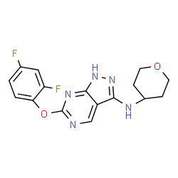 ChemSpider 2D Image | 6-(2,4-Difluorophenoxy)-N-(tetrahydro-2H-pyran-4-yl)-1H-pyrazolo[3,4-d]pyrimidin-3-amine | C16H15F2N5O2