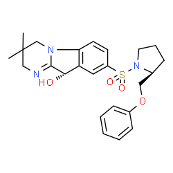 ChemSpider 2D Image | (10S)-3,3-Dimethyl-8-{[(2S)-2-(phenoxymethyl)-1-pyrrolidinyl]sulfonyl}-2,3,4,10-tetrahydropyrimido[1,2-a]indol-10-ol | C24H29N3O4S