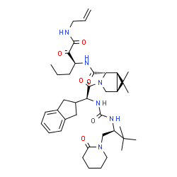 ChemSpider 2D Image | (1R,2S,5S)-N-[(3S)-1-(Allylamino)-1,2-dioxo-3-hexanyl]-3-[(2S)-2-(2,3-dihydro-1H-inden-2-yl)-2-({[(2S)-3,3-dimethyl-1-(2-oxo-1-piperidinyl)-2-butanyl]carbamoyl}amino)acetyl]-6,6-dimethyl-3-azabicyclo[
3.1.0]hexane-2-carboxamide | C40H58N6O6