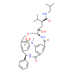 ChemSpider 2D Image | (2S,4S)-4-Hydroxy-N-isobutyl-2-isopropyl-4-[(4S,13S)-18-[methyl(methylsulfonyl)amino]-2,15-dioxo-4-phenyl-11-oxa-3,14-diazatricyclo[14.3.1.1~5,9~]henicosa-1(20),5(21),6,8,16,18-hexaen-13-yl]butanamide | C37H48N4O7S