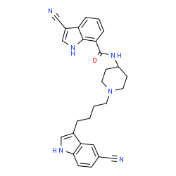 ChemSpider 2D Image | 3-Cyano-N-{1-[4-(5-cyano-1H-indol-3-yl)butyl]-4-piperidinyl}-1H-indole-7-carboxamide | C28H28N6O