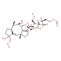 ChemSpider 2D Image | 2-[(1S,2S,4S,5R,6R,8S,9S)-4-{[(4R,5R,6R,6aS,9R,9aE,10aR)-5,9-Dihydroxy-3-isopropyl-9-(methoxymethyl)-6,10a-dimethyl-1,2,4,5,6,6a,7,8,9,10a-decahydrodicyclopenta[a,d][8]annulen-4-yl]oxy}-5-hydroxy-2-(m
ethoxymethyl)-9-methyl-3,7,10,11-tetraoxatricyclo[6.2.1.0~1,6~]undec-9-yl]ethyl formate | C34H52O12