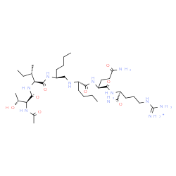 ChemSpider 2D Image | N-{(2S)-2-[(N-Acetyl-L-threonyl-L-isoleucyl)amino]hexyl}-L-norleucyl-L-glutaminyl-N~5~-[amino(iminio)methyl]-L-ornithinamide | C35H68N11O8