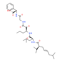 ChemSpider 2D Image | (2S)-({N-[(3S)-3-({N-[(2S,4E)-2-Isopropyl-7-methyl-4-octenoyl]-L-leucyl}amino)-2-oxohexanoyl]glycyl}amino)(phenyl)acetic acid | C34H52N4O7