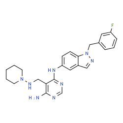 ChemSpider 2D Image | N-[1-(3-Fluorobenzyl)-1H-indazol-5-yl]-5-[(1-piperidinylamino)methyl]-4,6-pyrimidinediamine | C24H27FN8