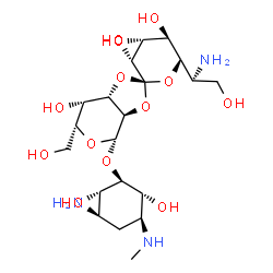 ChemSpider 2D Image | (2R,3'R,3aR,4S,4'R,5'R,6R,6'S,7S,7aS)-4-{[(1R,2S,3R,5S,6R)-3-Amino-2,6-dihydroxy-5-(methylamino)cyclohexyl]oxy}-6'-[(1S)-1-amino-2-hydroxyethyl]-6-(hydroxymethyl)octahydro-4H-spiro[1,3-dioxolo[4,5-c]p
yran-2,2'-pyran]-3',4',5',7-tetrol | C20H37N3O13