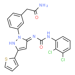 ChemSpider 2D Image | 2-{3-[(5E)-5-{[(2,3-Dichlorophenyl)carbamoyl]imino}-3-(2-thienyl)-2,5-dihydro-1H-pyrazol-1-yl]phenyl}acetamide | C22H17Cl2N5O2S