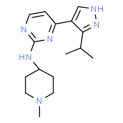ChemSpider 2D Image | 4-(3-Isopropyl-1H-pyrazol-4-yl)-N-(1-methyl-4-piperidinyl)-2-pyrimidinamine | C16H24N6
