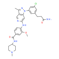 ChemSpider 2D Image | 4-({1-[3-(3-Amino-3-oxopropyl)-5-chlorophenyl]-3-methyl-1H-pyrazolo[4,3-c]pyridin-6-yl}amino)-3-methoxy-N-(1-methyl-4-piperidinyl)benzamide | C30H34ClN7O3