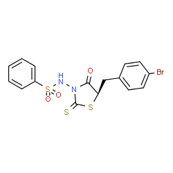 ChemSpider 2D Image | 5R-(4-bromophenylmethyl)-3-(benzenesulfonylamino)-4-oxo-2-thionothiazolidine | C16H13BrN2O3S3