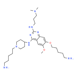 ChemSpider 2D Image | 7-[(5-Aminopentyl)oxy]-N~4~-[1-(5-aminopentyl)-4-piperidinyl]-N~2~-[3-(dimethylamino)propyl]-6-methoxy-2,4-quinazolinediamine | C29H52N8O2