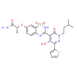 ChemSpider 2D Image | (2R)-2-({3-[5-Hydroxy-2-(3-methylbutyl)-3-oxo-6-(2-thienyl)-2,3-dihydro-4-pyridazinyl]-1,1-dioxido-2H-1,2,4-benzothiadiazin-7-yl}oxy)propanamide | C23H25N5O6S2