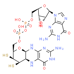 ChemSpider 2D Image | 5'-O-[{[{[(5aR,6R,7S,8R,9aR)-2-Amino-4-oxo-6,7-disulfanyl-3,5,5a,6,7,8,9a,10-octahydro-4H-pyrano[3,2-g]pteridin-8-yl]methoxy}(hydroxy)phosphoryl]oxy}(hydroxy)phosphoryl]guanosine | C20H28N10O13P2S2