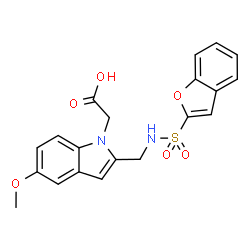 ChemSpider 2D Image | (2-{[(1-Benzofuran-2-ylsulfonyl)amino]methyl}-5-methoxy-1H-indol-1-yl)acetic acid | C20H18N2O6S