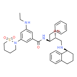 ChemSpider 2D Image | N-{(1s,2r)-1-Benzyl-2-Hydroxy-3-[(1s)-1,2,3,4-Tetrahydronaphthalen-1-Ylamino]propyl}-3-(1,1-Dioxido-1,2-Thiazinan-2-Yl)-5-(Ethylamino)benzamide | C33H42N4O4S