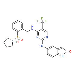 ChemSpider 2D Image | 5-{[4-{[2-(1-Pyrrolidinylsulfonyl)benzyl]amino}-5-(trifluoromethyl)-2-pyrimidinyl]amino}-2H-indol-2-one | C24H21F3N6O3S