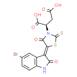 ChemSpider 2D Image | (2R)-2-[(5Z)-5-(5-Bromo-2-oxo-1,2-dihydro-3H-indol-3-ylidene)-4-oxo-2-thioxo-1,3-thiazolidin-3-yl]succinic acid | C15H9BrN2O6S2
