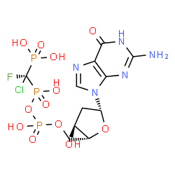 ChemSpider 2D Image | 5'-O-[({[(S)-Chloro(fluoro)phosphonomethyl](hydroxy)phosphoryl}oxy)(hydroxy)phosphoryl]-2'-deoxyguanosine | C11H16ClFN5O12P3