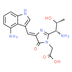 ChemSpider 2D Image | {(4Z)-2-[(1R,2R)-1-Amino-2-hydroxypropyl]-4-[(4-amino-1H-indol-3-yl)methylene]-5-oxo-4,5-dihydro-1H-imidazol-1-yl}acetic acid | C17H19N5O4