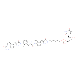 ChemSpider 2D Image | 5'-O-[{[6-({[6-({6-[(6-Carbamoyl-3,6,7,8-tetrahydropyrrolo[3,2-e]indol-2-yl)carbonyl]-3,6,7,8-tetrahydropyrrolo[3,2-e]indol-2-yl}carbonyl)-3,6,7,8-tetrahydropyrrolo[3,2-e]indol-2-yl]carbonyl}amino)hex
yl]oxy}(hydroxy)phosphoryl]thymidine | C50H53N10O12P