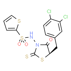 ChemSpider 2D Image | 5R-(3,4-DICHLOROPHENYLMETHYL)-3-(2-THIOPHENESULFONYLAMINO)-4-OXO-2-THIONOTHIAZOLIDINE | C14H10Cl2N2O3S4