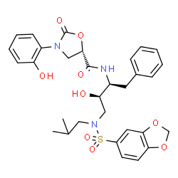 ChemSpider 2D Image | (5S)-N-{(2S,3R)-4-[(1,3-Benzodioxol-5-ylsulfonyl)(isobutyl)amino]-3-hydroxy-1-phenyl-2-butanyl}-3-(2-hydroxyphenyl)-2-oxo-1,3-oxazolidine-5-carboxamide | C31H35N3O9S