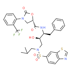 ChemSpider 2D Image | (5S)-N-{(2S,3R)-4-[(1,3-Benzothiazol-6-ylsulfonyl)(isobutyl)amino]-3-hydroxy-1-phenyl-2-butanyl}-2-oxo-3-[2-(trifluoromethyl)phenyl]-1,3-oxazolidine-5-carboxamide | C32H33F3N4O6S2
