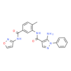 ChemSpider 2D Image | 5-amino-N-[5-(isoxazol-3-ylcarbamoyl)-2-methylphenyl]-1-phenyl-1H-pyrazole-4-carboxamide | C21H18N6O3