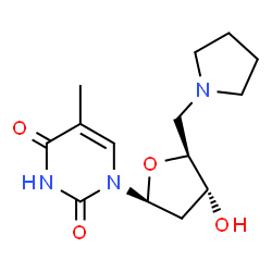 ChemSpider 2D Image | 1-(2,5-dideoxy-5-pyrrolidin-1-yl-beta-L-erythro-pentofuranosyl)-5-methylpyrimidine-2,4(1H,3H)-dione | C14H21N3O4