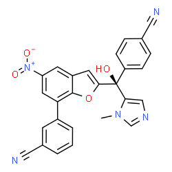 ChemSpider 2D Image | 3-{2-[(S)-(4-Cyanophenyl)(hydroxy)(1-methyl-1H-imidazol-5-yl)methyl]-5-nitro-1-benzofuran-7-yl}benzonitrile | C27H17N5O4
