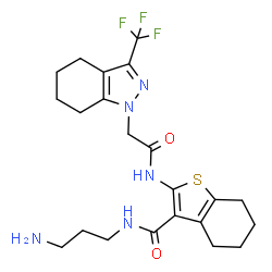 ChemSpider 2D Image | N-(3-Aminopropyl)-2-({[3-(trifluoromethyl)-4,5,6,7-tetrahydro-1H-indazol-1-yl]acetyl}amino)-4,5,6,7-tetrahydro-1-benzothiophene-3-carboxamide | C22H28F3N5O2S
