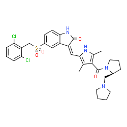 ChemSpider 2D Image | (3Z)-5-[(2,6-Dichlorobenzyl)sulfonyl]-3-[(3,5-dimethyl-4-{[(2S)-2-(1-pyrrolidinylmethyl)-1-pyrrolidinyl]carbonyl}-1H-pyrrol-2-yl)methylene]-1,3-dihydro-2H-indol-2-one | C32H34Cl2N4O4S