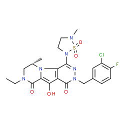 ChemSpider 2D Image | (6S)-2-(3-Chloro-4-fluorobenzyl)-8-ethyl-10-hydroxy-6-methyl-4-(5-methyl-1,1-dioxido-1,2,5-thiadiazolidin-2-yl)-7,8-dihydropyrazino[1',2':1,5]pyrrolo[2,3-d]pyridazine-1,9(2H,6H)-dione | C22H24ClFN6O5S