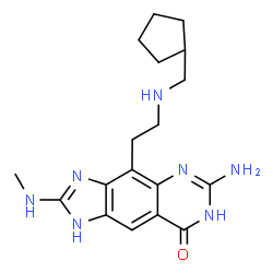 ChemSpider 2D Image | 6-Amino-4-{2-[(cyclopentylmethyl)amino]ethyl}-2-(methylamino)-1,7-dihydro-8H-imidazo[4,5-g]quinazolin-8-one | C18H25N7O