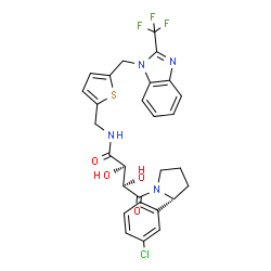 ChemSpider 2D Image | (2R,3R)-4-[(2R)-2-(3-Chlorophenyl)-1-pyrrolidinyl]-2,3-dihydroxy-4-oxo-N-[(5-{[2-(trifluoromethyl)-1H-benzimidazol-1-yl]methyl}-2-thienyl)methyl]butanamide | C28H26ClF3N4O4S