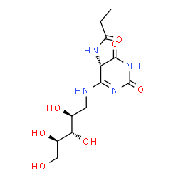 ChemSpider 2D Image | 1-Deoxy-1-{[(5s)-2,6-Dioxo-5-(Propanoylamino)-1,2,5,6-Tetrahydropyrimidin-4-Yl]amino}-D-Ribitol | C12H20N4O7