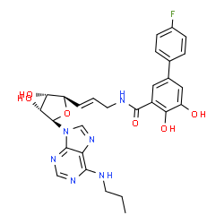 ChemSpider 2D Image | N-[(E)-3-[(2r,3s,4r,5r)-3,4-Dihydroxy-5-(6-Propylaminopurin-9-Yl)oxolan-2-Yl]prop-2-Enyl]-5-(4-Fluorophenyl)-2,3-Dihydroxy-Benzamide | C28H29FN6O6