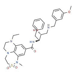 ChemSpider 2D Image | N-{(1S,2R)-1-benzyl-2-hydroxy-3-[(3-methoxybenzyl)amino]propyl}-8-ethyl-1-methyl-3,4,7,8-tetrahydro-1H,6H-[1,2,5]thiadiazepino[5,4,3-de]quinoxaline-10-carboxamide 2,2-dioxide | C32H41N5O5S
