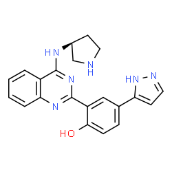 ChemSpider 2D Image | 4-(1H-Pyrazol-5-yl)-2-{4-[(3S)-3-pyrrolidinylamino]-2-quinazolinyl}phenol | C21H20N6O