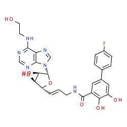 ChemSpider 2D Image | N-[(E)-3-[(2r,3s,4r,5r)-3,4-Dihydroxy-5-[6-(2-Hydroxyethylamino)purin-9-Yl]oxolan-2-Yl]prop-2-Enyl]-5-(4-Fluorophenyl)-2,3-Dihydroxy-Benzamide | C27H27FN6O7