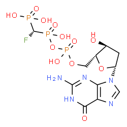 ChemSpider 2D Image | 2'-Deoxy-5'-O-[({[(R)-fluoro(phosphono)methyl](hydroxy)phosphoryl}oxy)(hydroxy)phosphoryl]guanosine | C11H17FN5O12P3