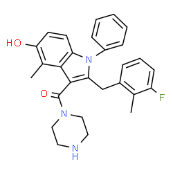 ChemSpider 2D Image | 2-(3-fluoro-2-methylbenzyl)-4-methyl-1-phenyl-3-(piperazin-1-ylcarbonyl)-1H-indol-5-ol | C28H28FN3O2